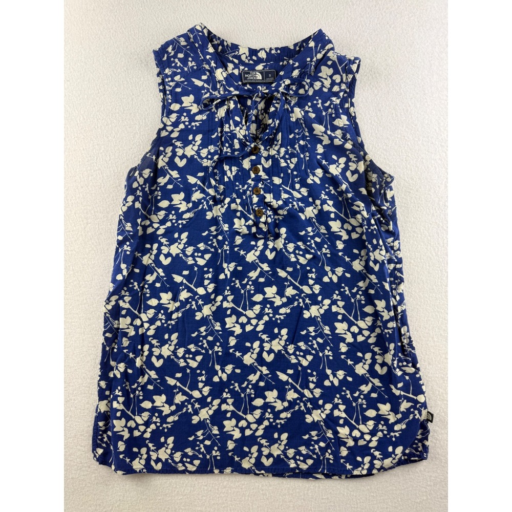 The North Face Womens Blue White‎ Botanical Print Sleeveless Henley Blouse Small